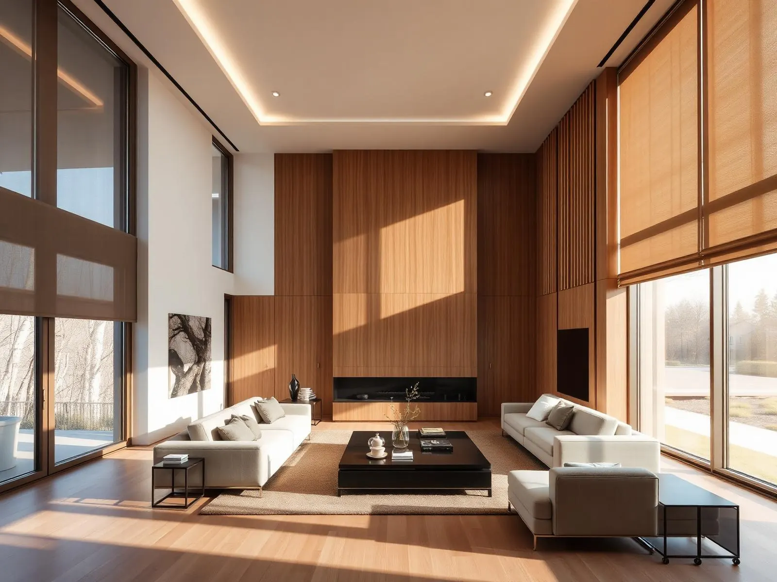 A modern living room with integrated cove lighting and motorized linen shades